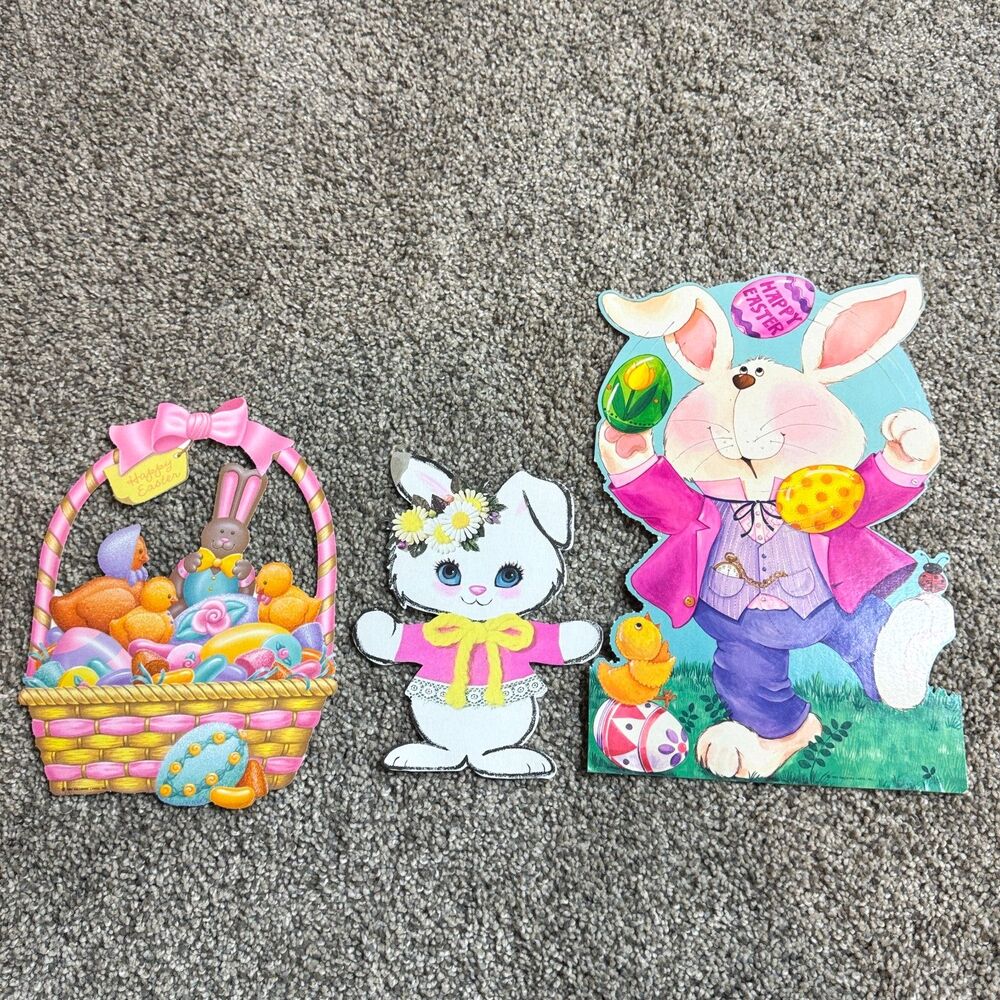 3 Vintage Die Cut Easter Decorations 1980s Hallmark Bunny Eggs Chicks
